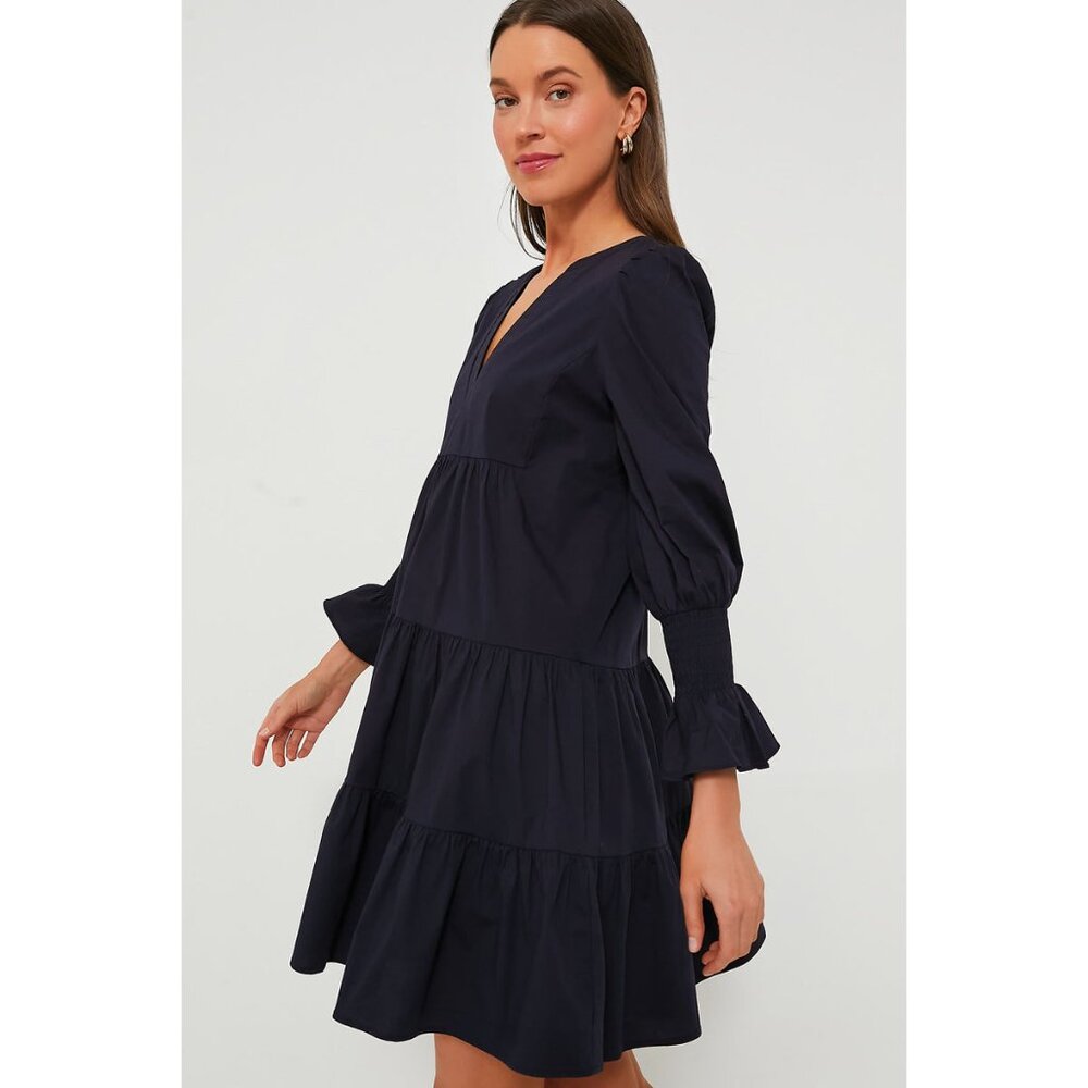 Pomander Place Womens Size XS Navy Blue Cotton Poplin Kenzo Tiered Mini Dress - Picture 2 of 10